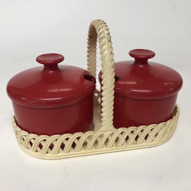 CONDIMENT SET, 1950s Red Bessemer in Cream Basket